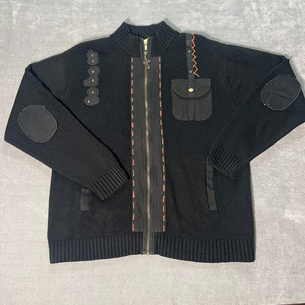 Franky Max Mens Full Zip Sweater Black Gothic Whipstitch Studded Cross Large - Picture 1 of 6